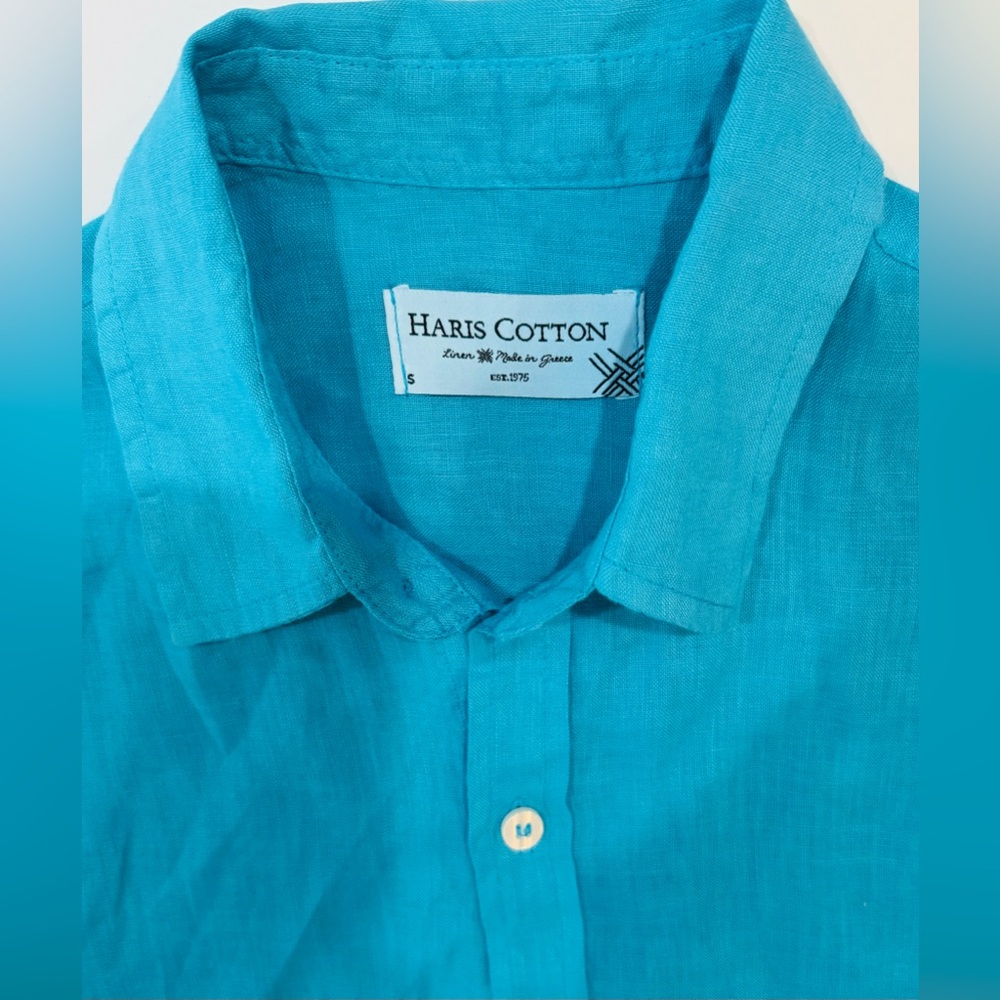Haris Cotton Men's 100% Linen Button Down Shirt Teal Blue Greece Size S